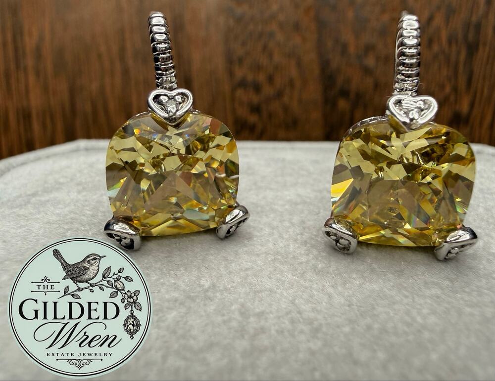 925 Sterling Silver Canary Yellow CZ Cushion Leverback Earrings 12mm 11.42g